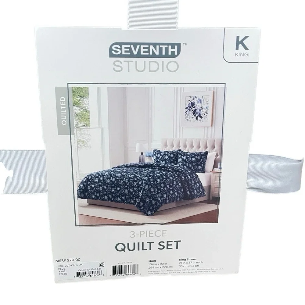 Seventh Studio Vancie Navy Floral 3-Pc. Quilt Set King Size 104X 90 Inches NEW